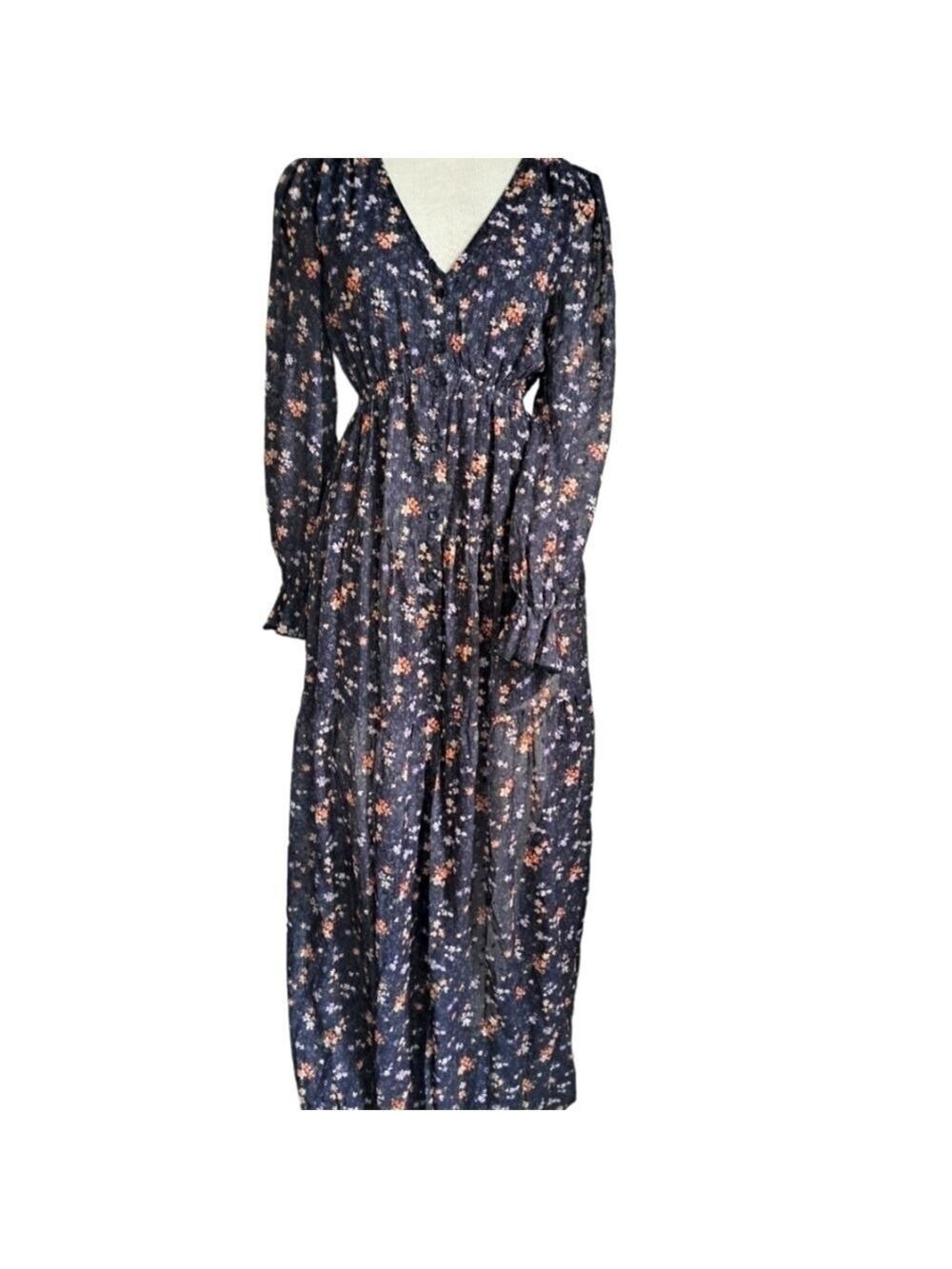 Tiny floral tiered MAXI  dress long sleeves ruffle cuff button up Shabby Aakaa S